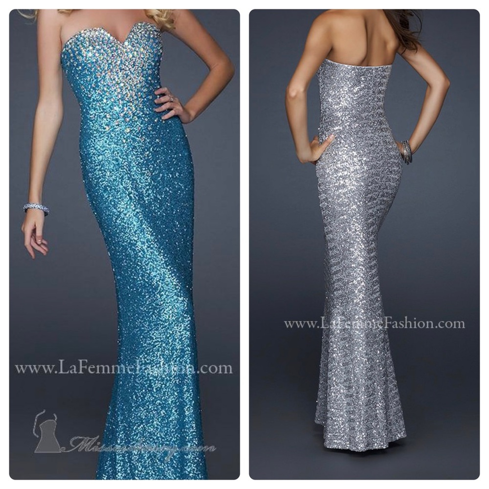 La Femme Turquoise Sequin Evening Gown